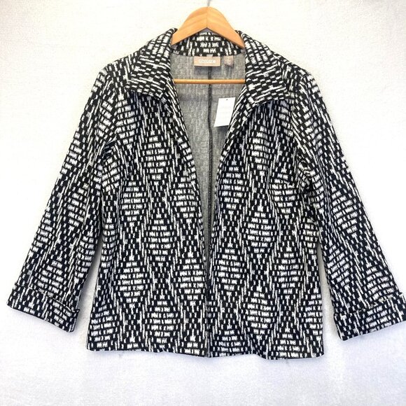 NWT Chicos Knit Jacket Size 1 Womens Medium (8) Black White Diamond Open Blazer - Picture 1 of 14